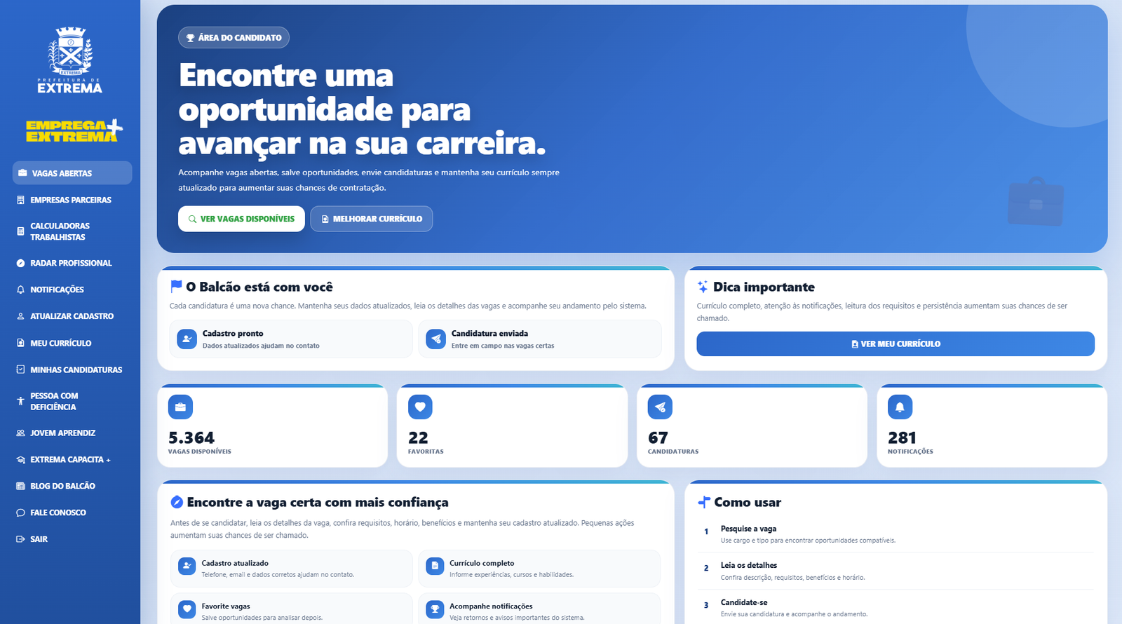 Área do Candidato do Balcão de Empregos de Extrema